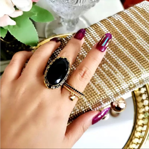 New Yellow Gold Plated Vintage Big Black Oval Stone For Women Ring - Picture 6 of 6